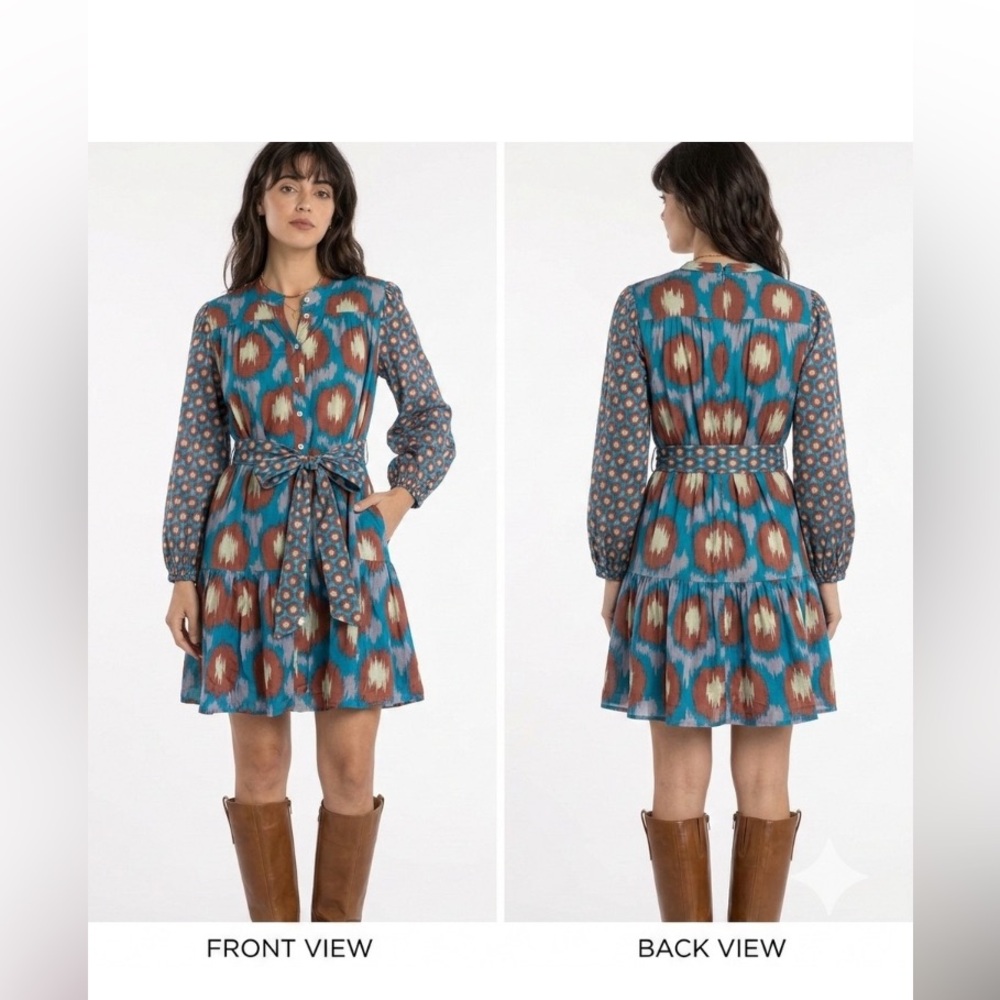 Elegant Blue and Red Patterned Long Sleeve Dress